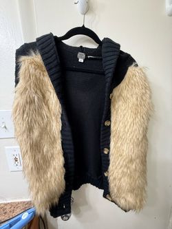 Black Knit Cardigan with Faux Fur Sleeves
