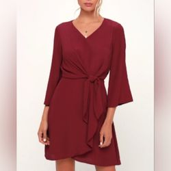 NWT Lulus Claremont Burgundy Tie-Front Three-Quarter Sleeve Dress