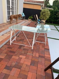 Glass Top Desk with White Metal Frame