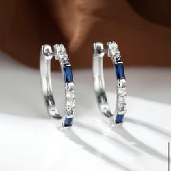 White & Blue Zircon Silver Earrings