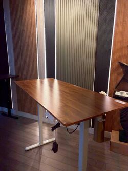 63 inch Standing Desk, 63x28 Inches Sit Stand Home Office Desk, Electric Stand up Desk, Adjustable Desk with Splice Board, White Frame/Light Rustic To