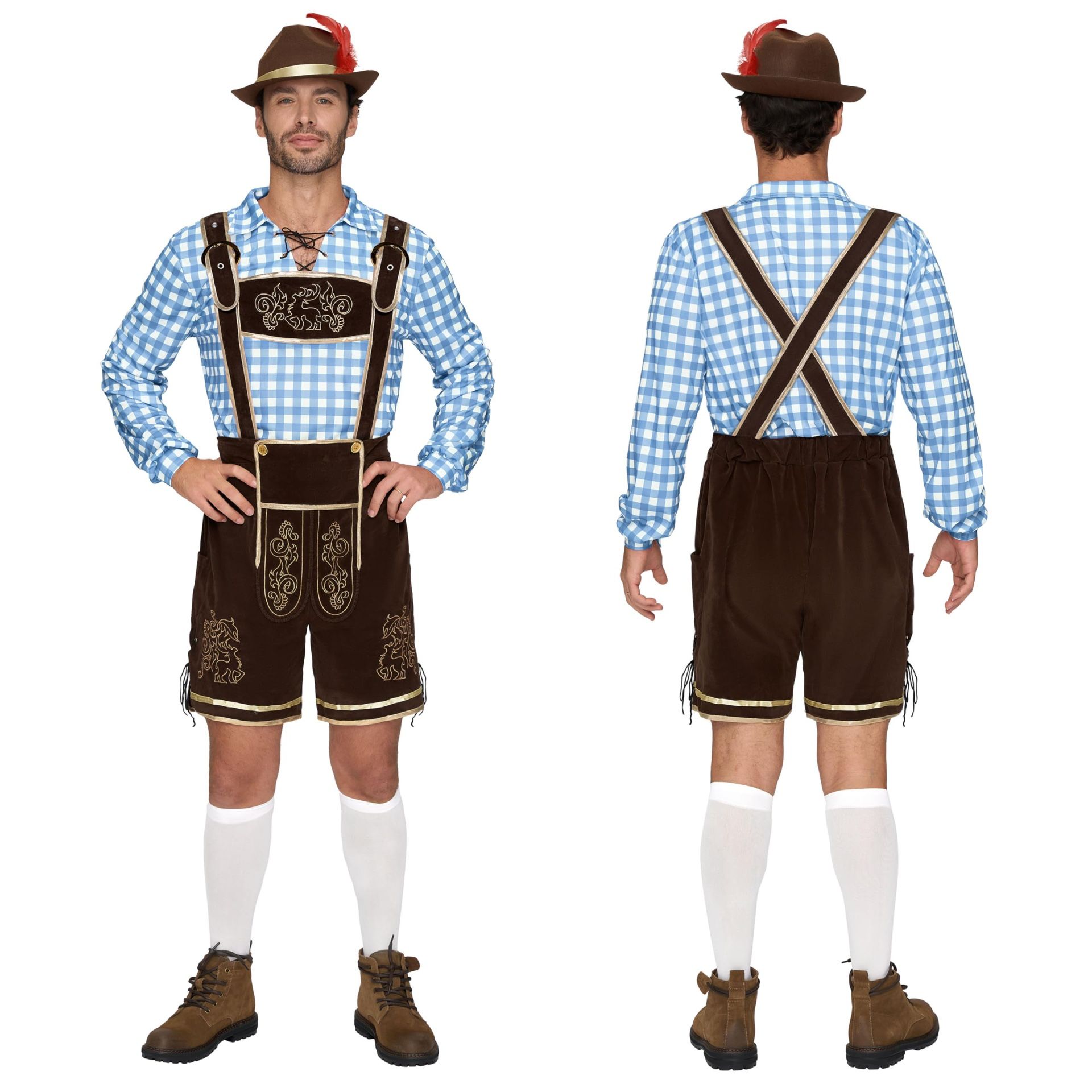 Spooktacular Creations Men’s Blue Plaid German Bavarian Oktoberfest Costume Set For Halloween Dress Up Party And Beer Festival