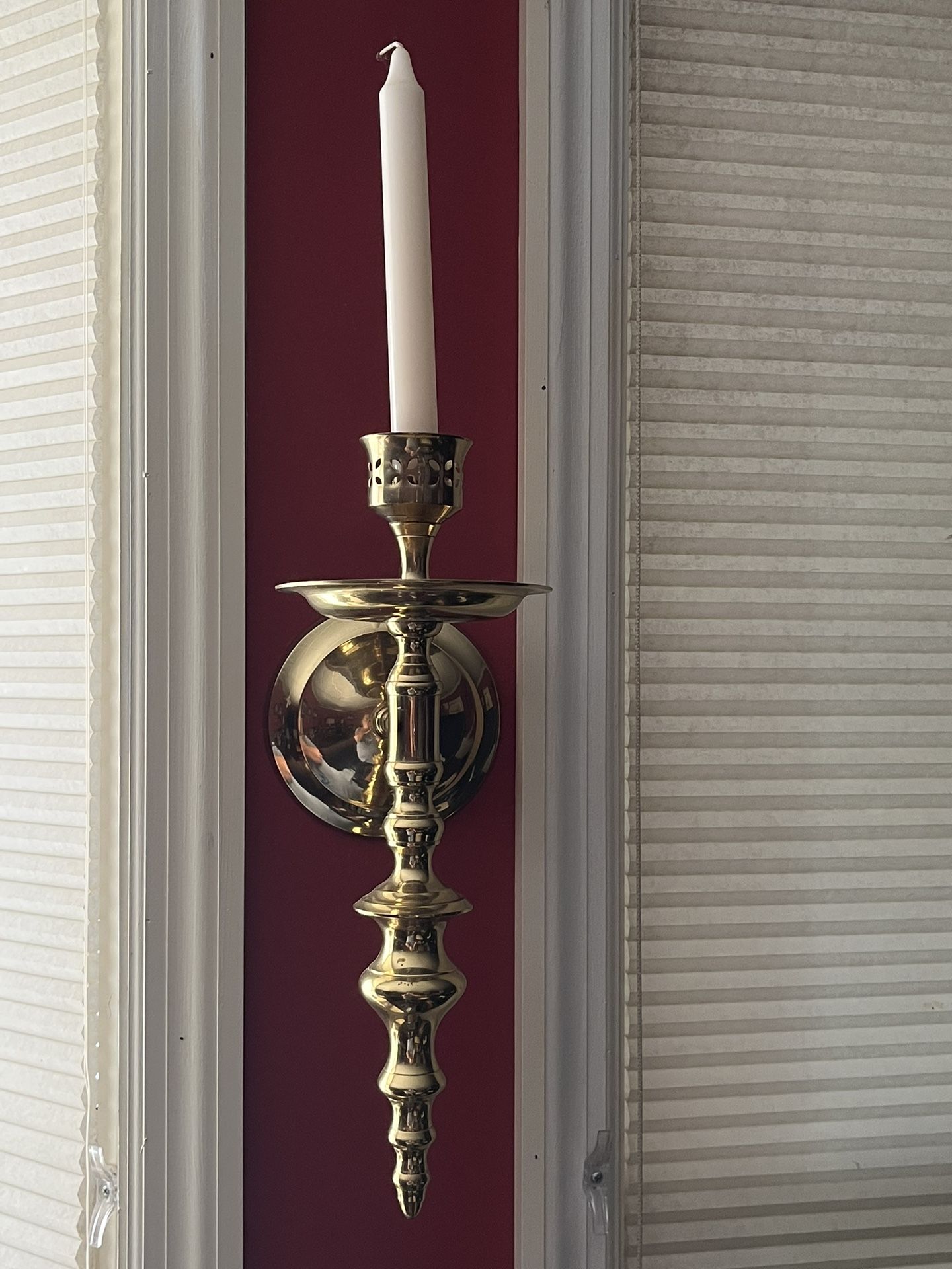 Set Of Two Vintage Brass Wall Sconces Candle Holders With Taper Candles