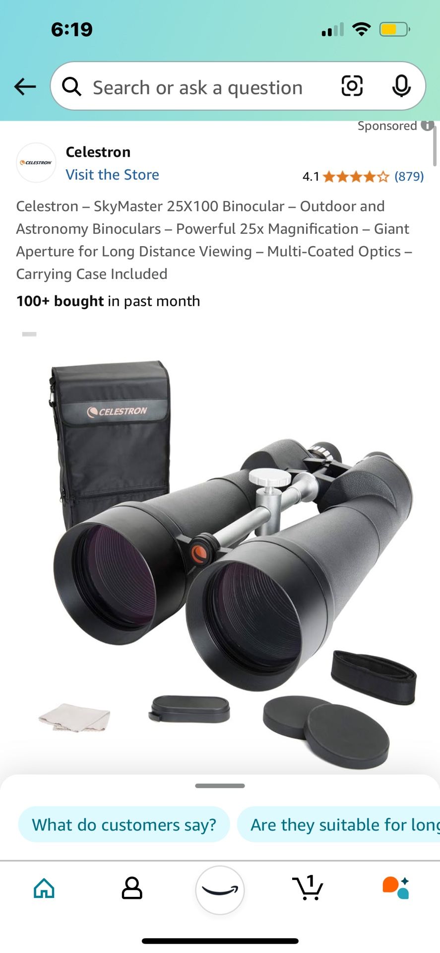 Celestron 71017 SkyMaster 25x100mm Porro Prism Binoculars with Multi-Coated Lens, BaK-4 Prism Glass and Carry Case, Black