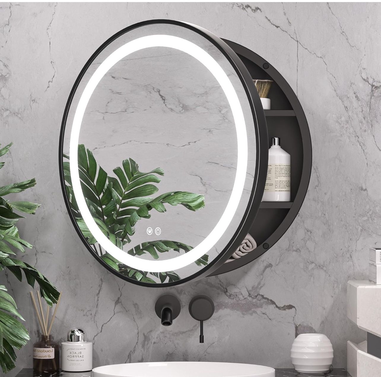 New Round Medicine Cabinet with Lights,Led Medicine Cabinet with Mirror,Black Metal Framed Circle Medicine Cabinet for Bathroom,24 in Round Medicine C