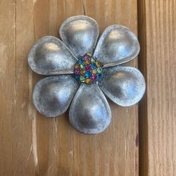 Large Colorful Rhinestone Pewter-tone Flower Vintage Brooch Pendant