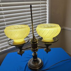 Vintage Brass Double Arm Student Lamp with Yellow Glass Shades // Made in USA