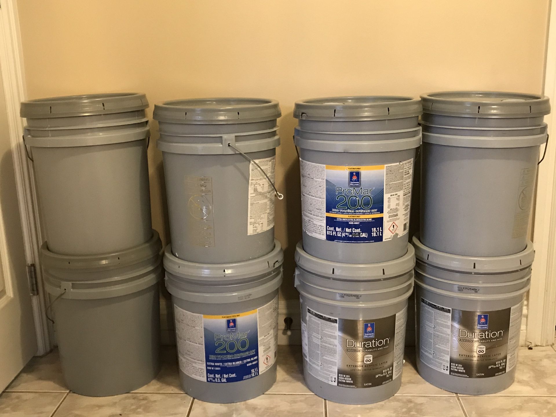Sherwin Williams Paint 5 Gallon Bucket for $45 each. Color: Off White, Gray, Green, Yellow, Dark Brown . All New and Full buckets, 1 week old, kept i