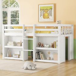 Twin Size Kid Low Loft Bed with Two-Tier Shelves and LED Light