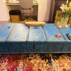 Vintage Teak Trunk Coffee Table – Blue Distressed, Storage, One-of-a-Kind