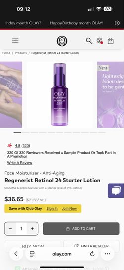OLAY REGENERIST RETINOL24 NIGHT REPAIRING LOTION Smooths and Evens Texture with a Starter Level of Pro-Retinol FRAGRANCE FREE 50 mL (1.7 FL OZ)