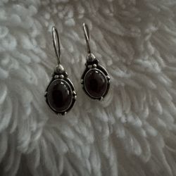 Vintage Natural Garnet Cabochon Sterling Silver Drop Earrings