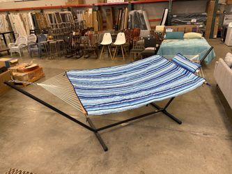 NEW! VEIKOUIS Extra Large 2 Person Hammock with Blue Striped Cover and Pillow