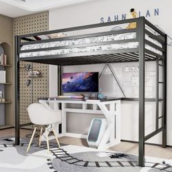 Metal Loft Bed Twin Size, Multifunctional Twin Bed with Safety Guard & Removable Ladder, Space-Saving/Noise Free/No Box Spring Needed/Matte Black