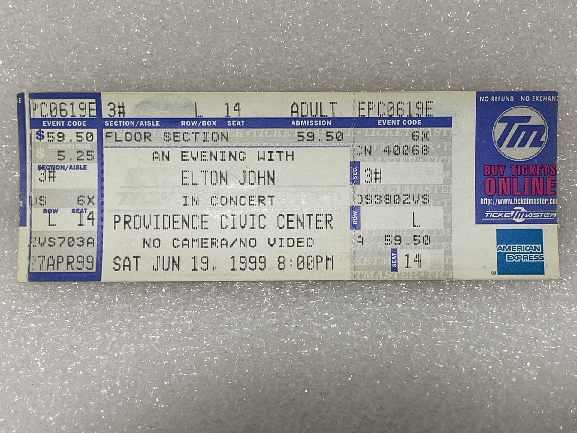 Elton John Unused Concert Ticket Providence Civic Center 1999