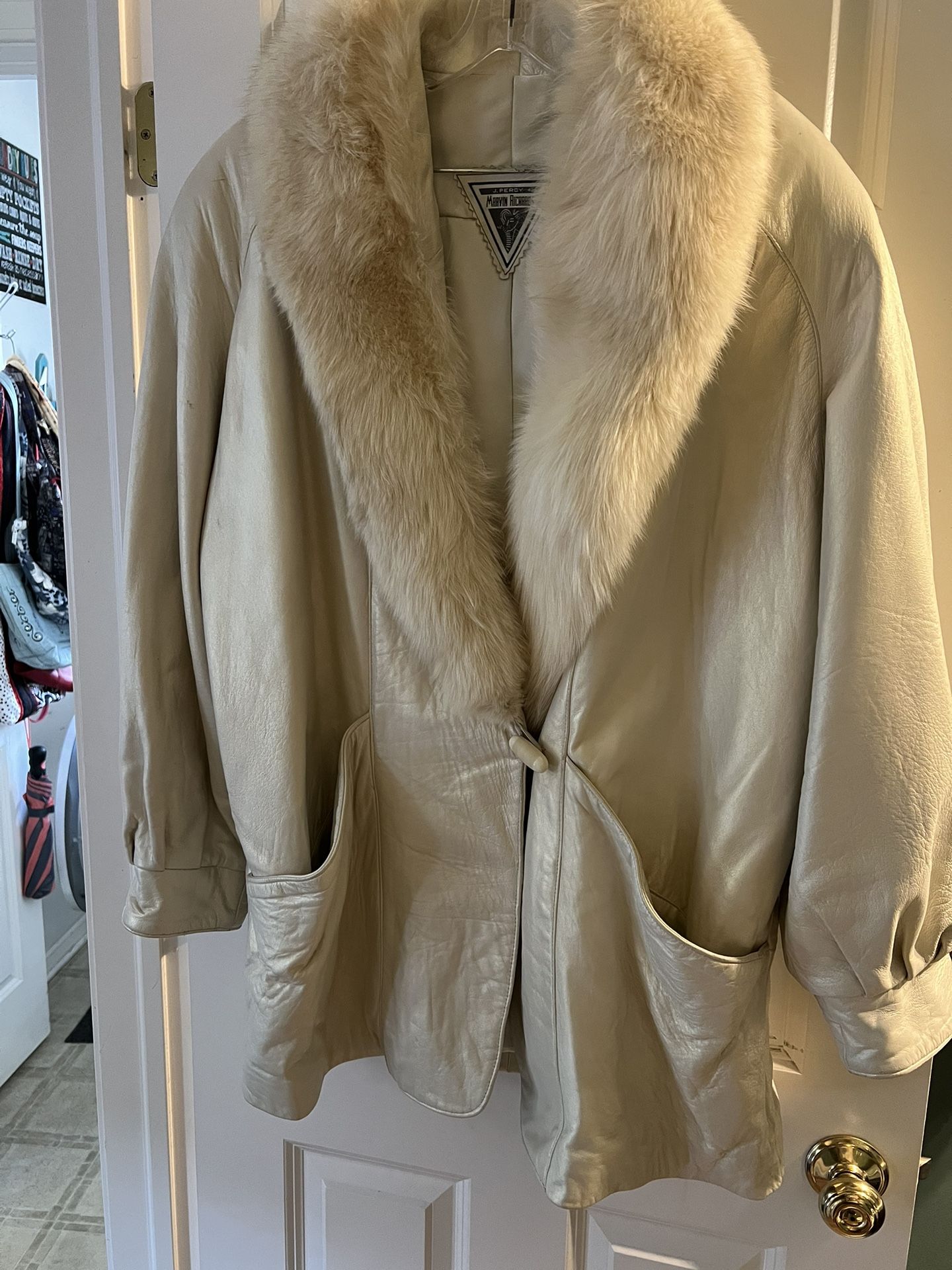 Cream Shimmer Leather Jacket With Fur Trim