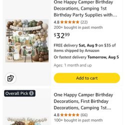 One Happy Camper Birthday Decorations, Camping 1st Birthday Party Supplie
NEW
AMAZON PICTURE IS SIMILAR  ( IS NOT THE SAME AS AMAZON)