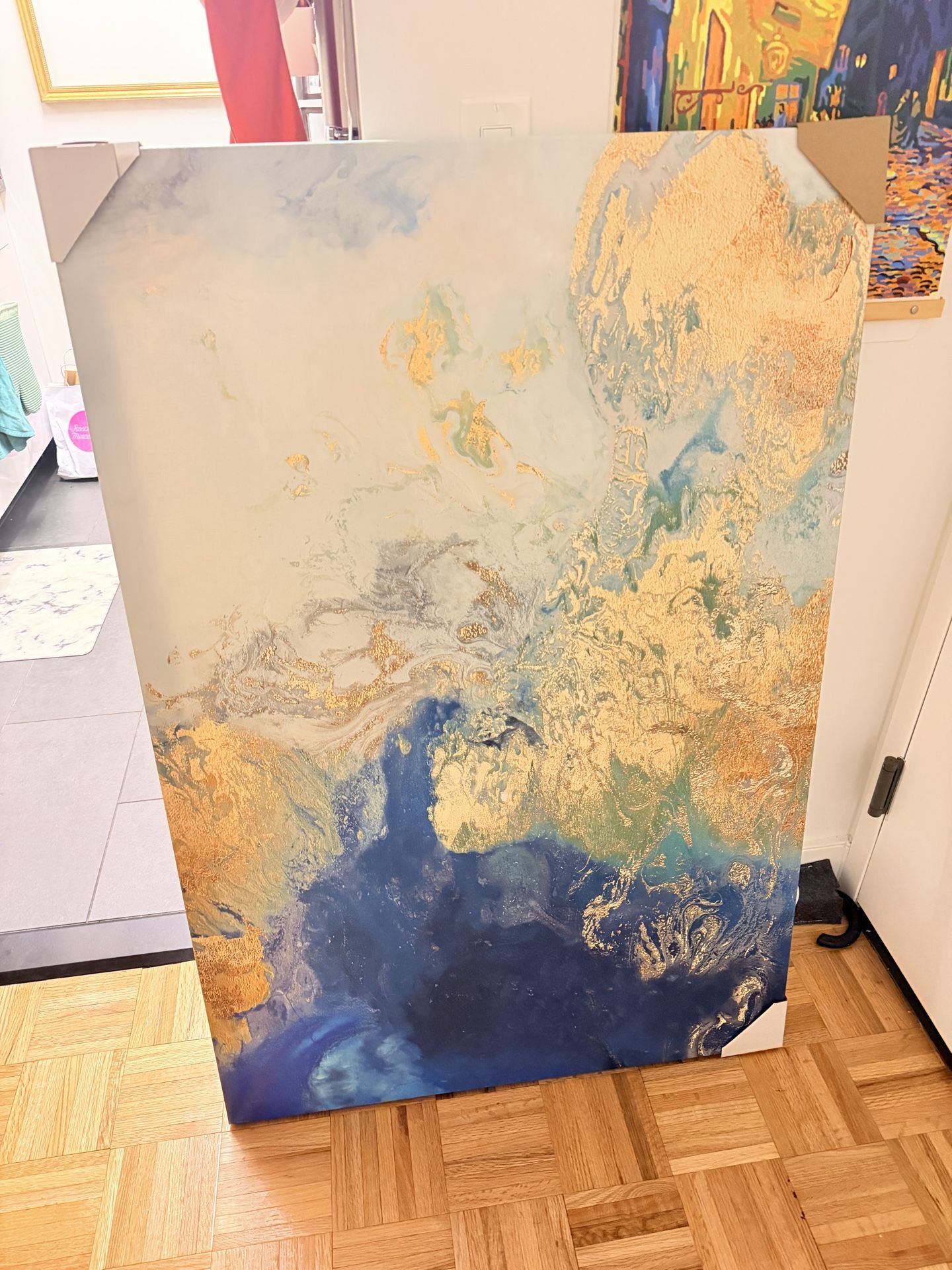 Gold and blue abstract art canvas