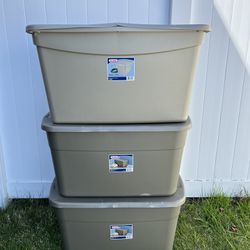 three large 30 gallon Sterilite plastic containers