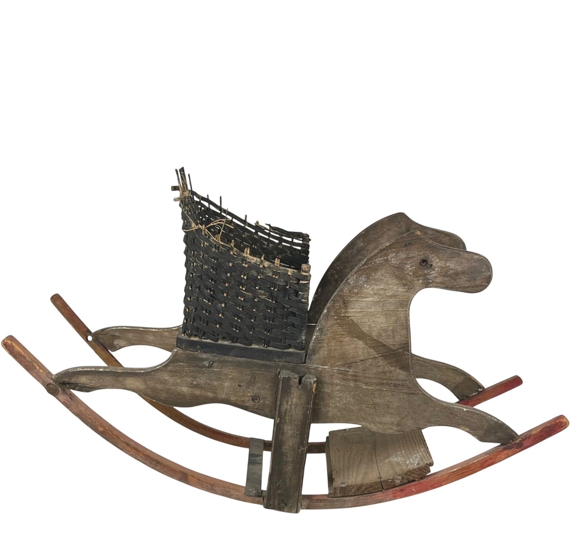 Double-Sided Child’s Wood & Rattan Rocking Horse Antique 19th Century
