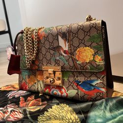 GUCCI Padlock leather and printed coated-canvas shoulder bag