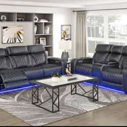 Power Electric Black Leather Fully Reclining Couch And Love Seat 