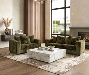 Olive Green Ribbed Corduroy Sofa and Loveseat