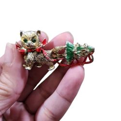 Vintage Gold Toned Puppy Green Gem Eyes Dragging Christmas Tree Sleigh