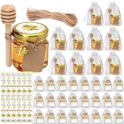 New 56 pack 1.5 oz Mini Honey Jars，baby shower favors,There's honey sticks, bee pendants, and stickers, Suitable for wedding party gifts