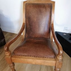 Large Antique Wooden Leather Chair 