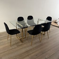 Black Gold Modern Velvet Glass Dining Set For 6