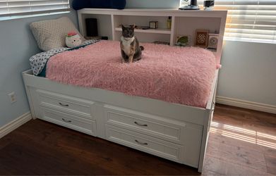 White Twin Captain’s Bed with Trundle & Bookcase Headboard — $275