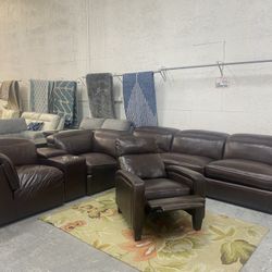 Brown Leather Stationary Sofa Loveseat, And Cupholders And Matching Manual Reclining Chair 🚚 We Deliver 