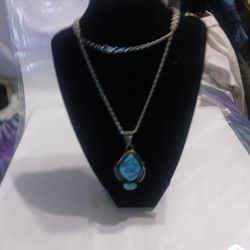 Silver Signed Navajo Pendant Which Turquoise And Chain Use