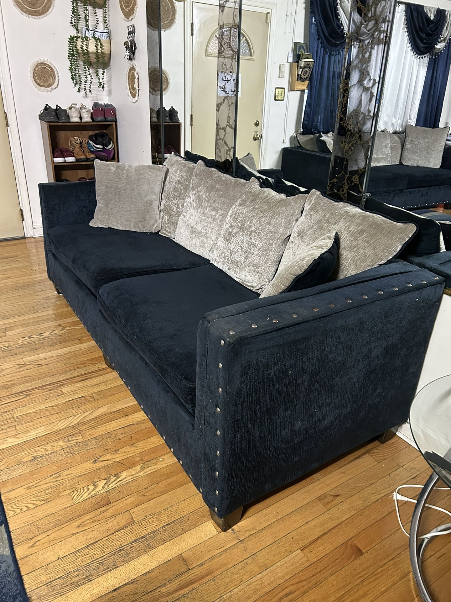 3-Set Of West Elm Andes Blue Velvet Sofas & Matching Carpet (if Needed)