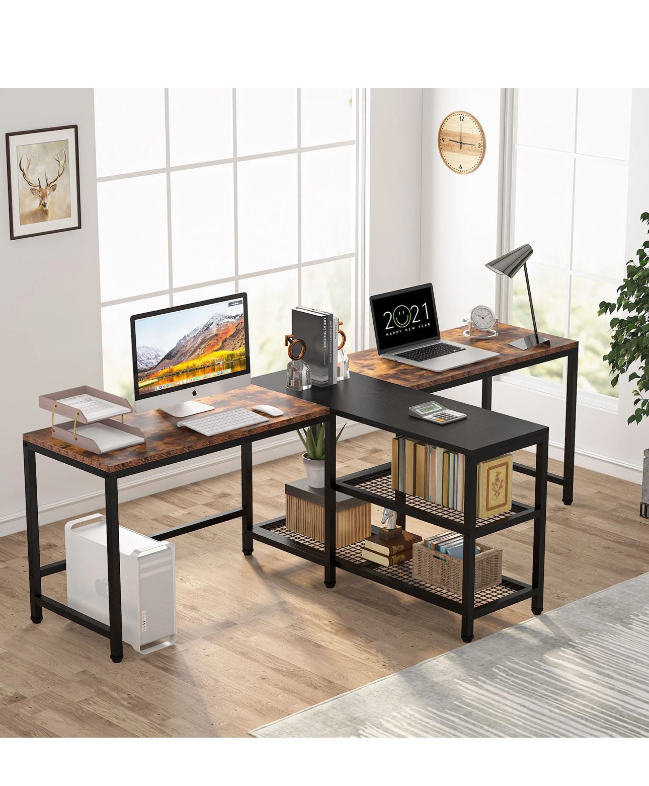 All New 94.48”Lx19.68”Wx29.52”H 2 Person Desk With Shelves 