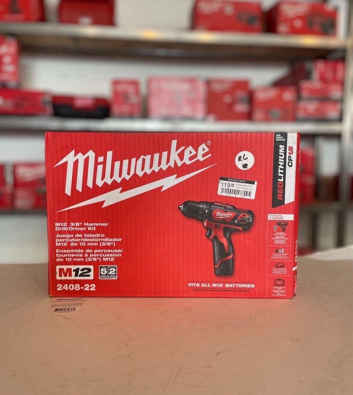 M12 12V Lithium-Ion Cordless 3/8 in. Hammer Drill/Driver Kit with Two 1.5 Ah Batteries and Hard Case….2408-22