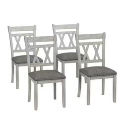 Farmhouse X-Back Dining Chairs, Set of 4 Wood with Gray Fabric Seat Rubberwood Kitchen and Dining Room Chairs