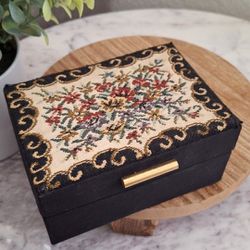 Vintage Tapestry Floral Black Satin Victorian Jewelry Box $20.00