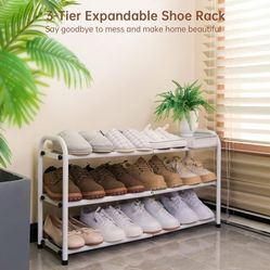 Gonfoam 3-Tier Expandable Shoe Rack,Adjustable Shoe Shelf Storage Organizer Heavy Duty Metal Free Standing Shoe Rack for Entryway Closet Doorway (Whit