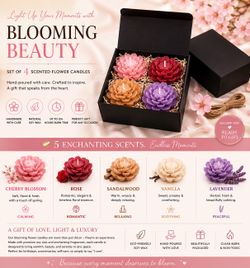 Luxury Set of 4 Handmade Flower Candles Gift Box | Scented Soy Wax Candles | Cherry Blossom, Rose, Sandalwood & Lavender