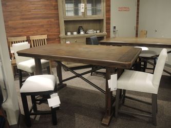 Counter Height Trestle Table - Medium-Dark Brown Wood With Dark Metal Accents