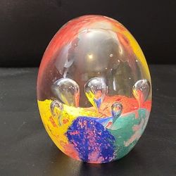 Artistic Glass Egg Paperweight - Blue, Yellow, Teal with Bubbles - Decorative Desk Accent