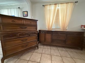 Solid Wood Mid‑Century Walnut & Cane Dresser Set – Heavy, Quality