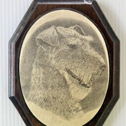 Vintage 70’s Earl Sherwan Airedale Wall Plaque Bead Glass Wood Art 7” x 5-1/4”