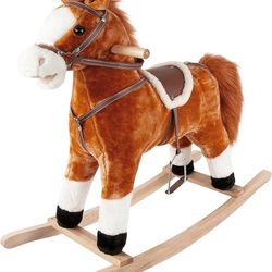 Kids Plush Ride-On Rocking Horse, Ride-On Pony with Wooden Base, Animated Rocking Horse