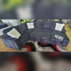 Black corduroy U shaped sectional pullout 