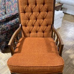 Antique Orange Tufted Tall Back Wooden Armchair 