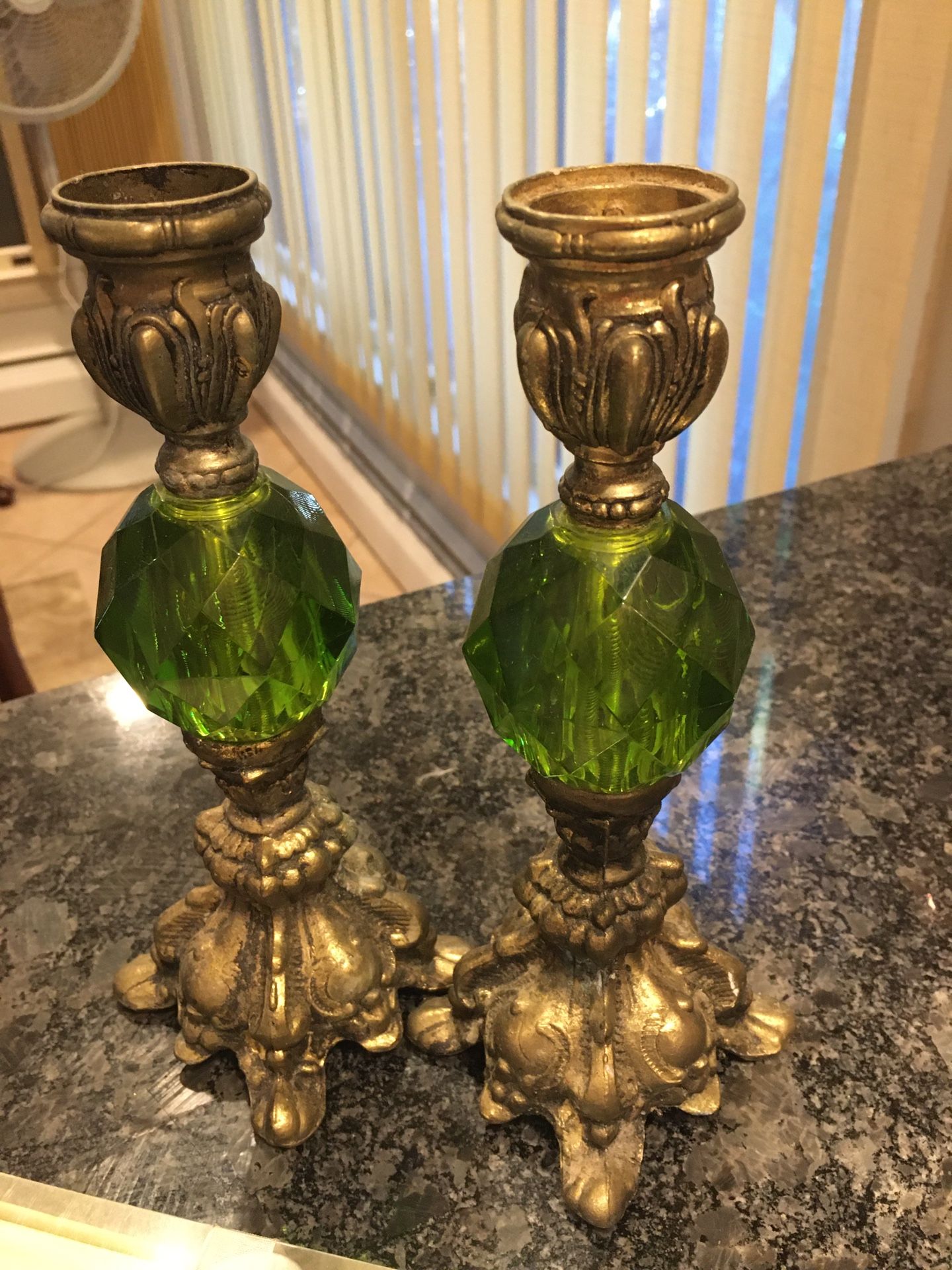 Nice Brass Emerald Candle Holders Set