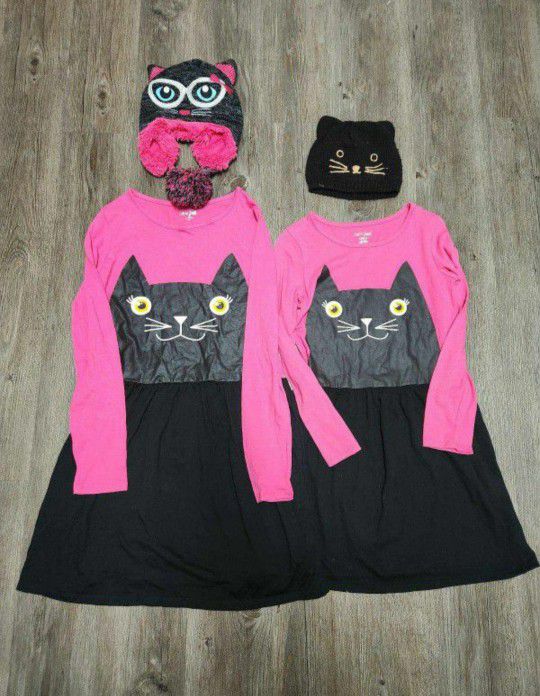 Two Adorable Girls Cat & Jack Hot Pink & Black Cat Dresses (L 10/12 & XL 14/16) And Cute Cat Hats!